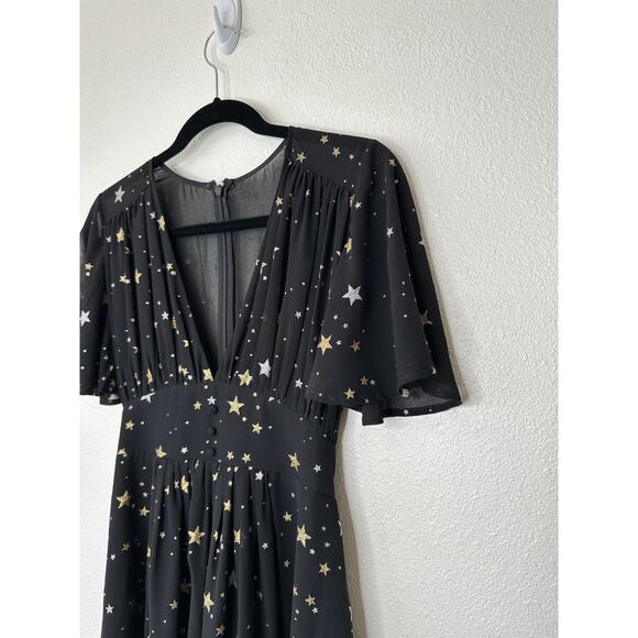 Privacy Please Ford Black Metallic Gold Silver Star Deep V Short Sleeve Dress XS - Picture 5 of 15